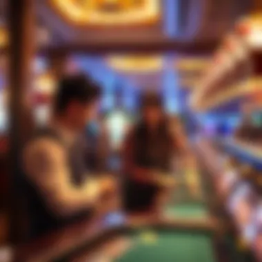 Casino hospitality staff engaging with guests in a luxurious environment