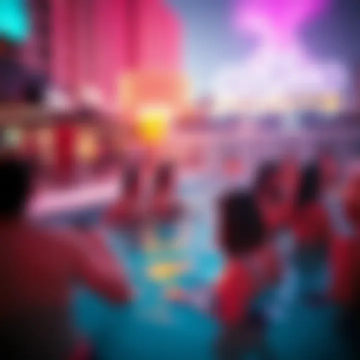 Vibrant social atmosphere with guests enjoying curated events by the pool