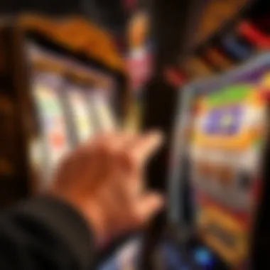 A close-up view of a player's hand interacting with a penny slot machine