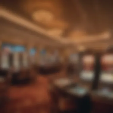 Luxurious interior of a casino, showcasing gaming tables and slot machines