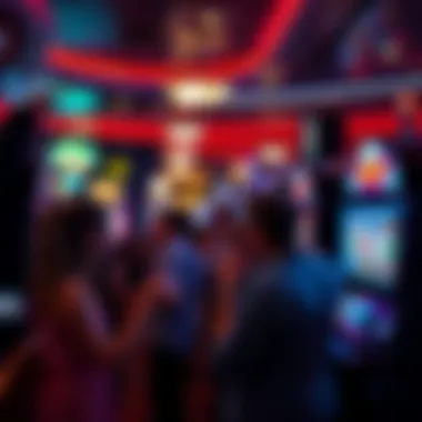 A group of players gathered around a slot machine, celebrating a win