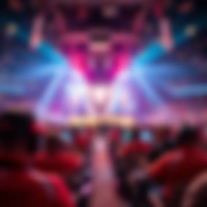 A competitive esports arena filled with enthusiastic fans and players.