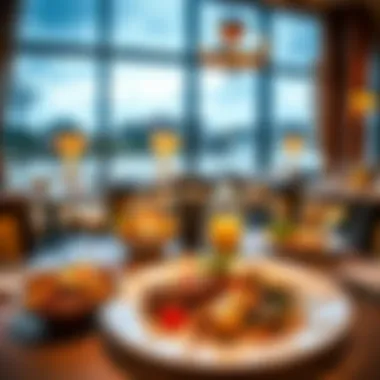 A beautifully arranged gourmet meal in a restaurant overlooking the river, inviting guests to indulge in culinary delights.