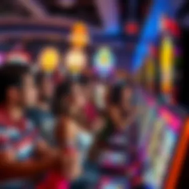 Diverse audience enjoying various movie-themed slot machines in a modern casino setting.