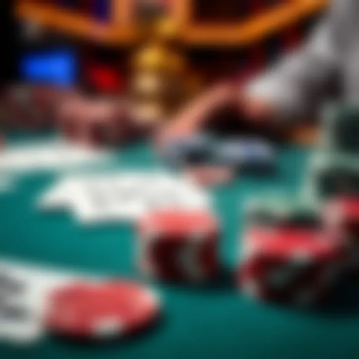 Close-up of poker chips and cards on a table