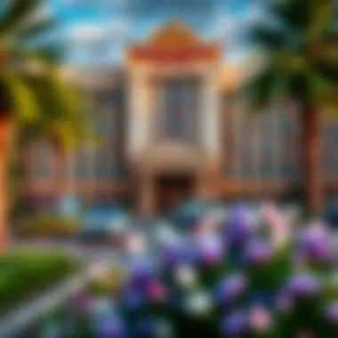 Scenic view of the San Manuel Hotel exterior with vibrant landscaping