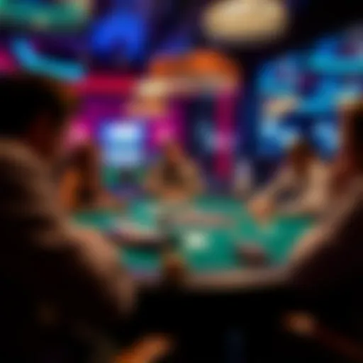 Intense Gameplay at The Lodge Poker A vibrant poker table scene showcasing an intense game in progress