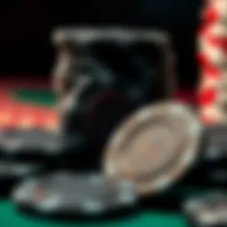 Close-up view of black casino chips showcasing intricate designs and texture