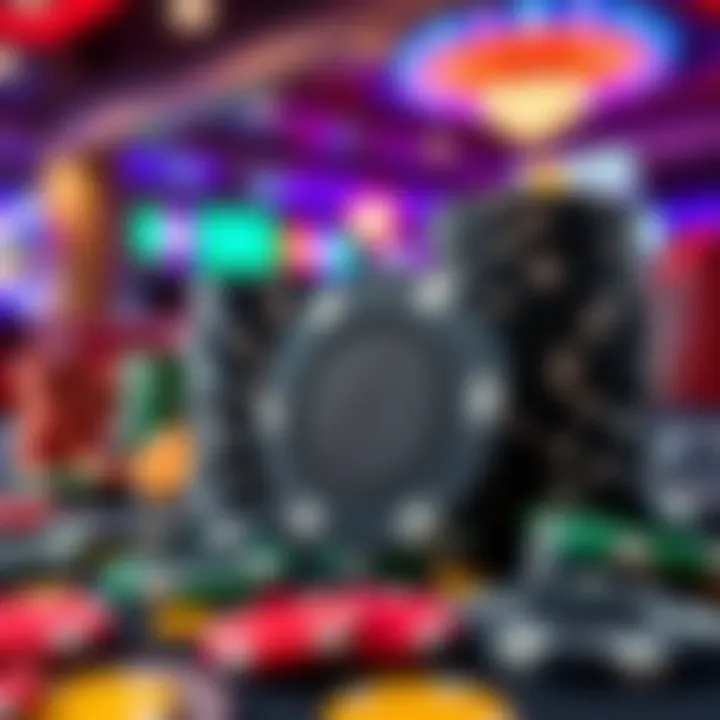 Diverse Chip Collection Highlighting Black Chips A collection of black casino chips displayed with colorful chips in a casino setting